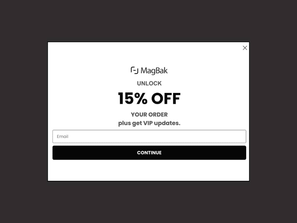 MagBak popup offering 15% off order with email signup for VIP updates.