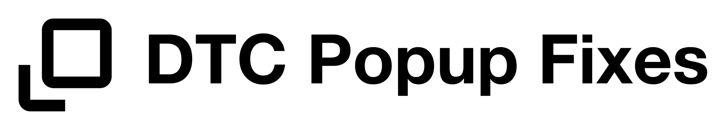 a black square with another black l-shaped icon with "DTC Popup Fixes" in large, black text in the center
