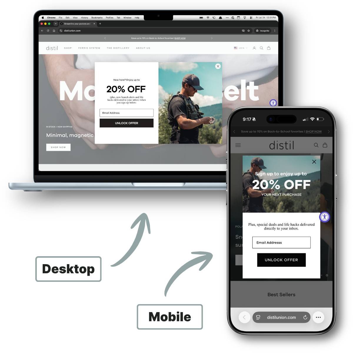 Distil's original desktop and mobile popup offering 20% off, shown against a solid white background.