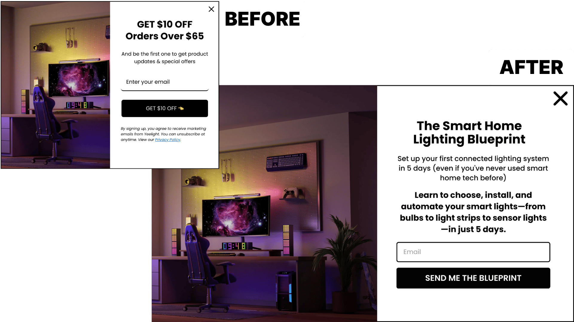 Before and after comparison: discount popup vs educational blueprint popup for smart home lighting setup