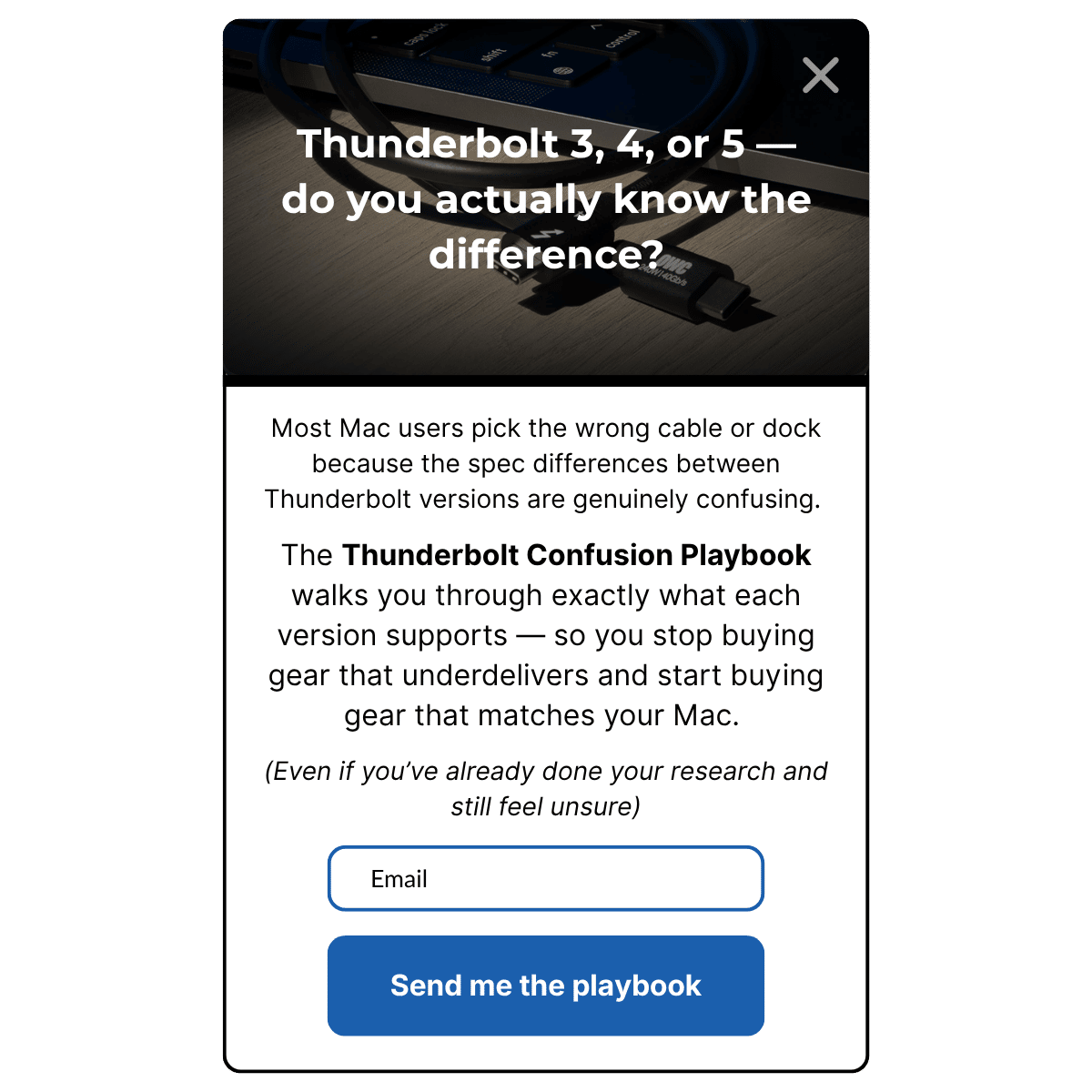 Fixed popup design: "Thunderbolt 3, 4, or 5 — do you actually know the difference?" with email field and "Send me the playbook" CTA button
