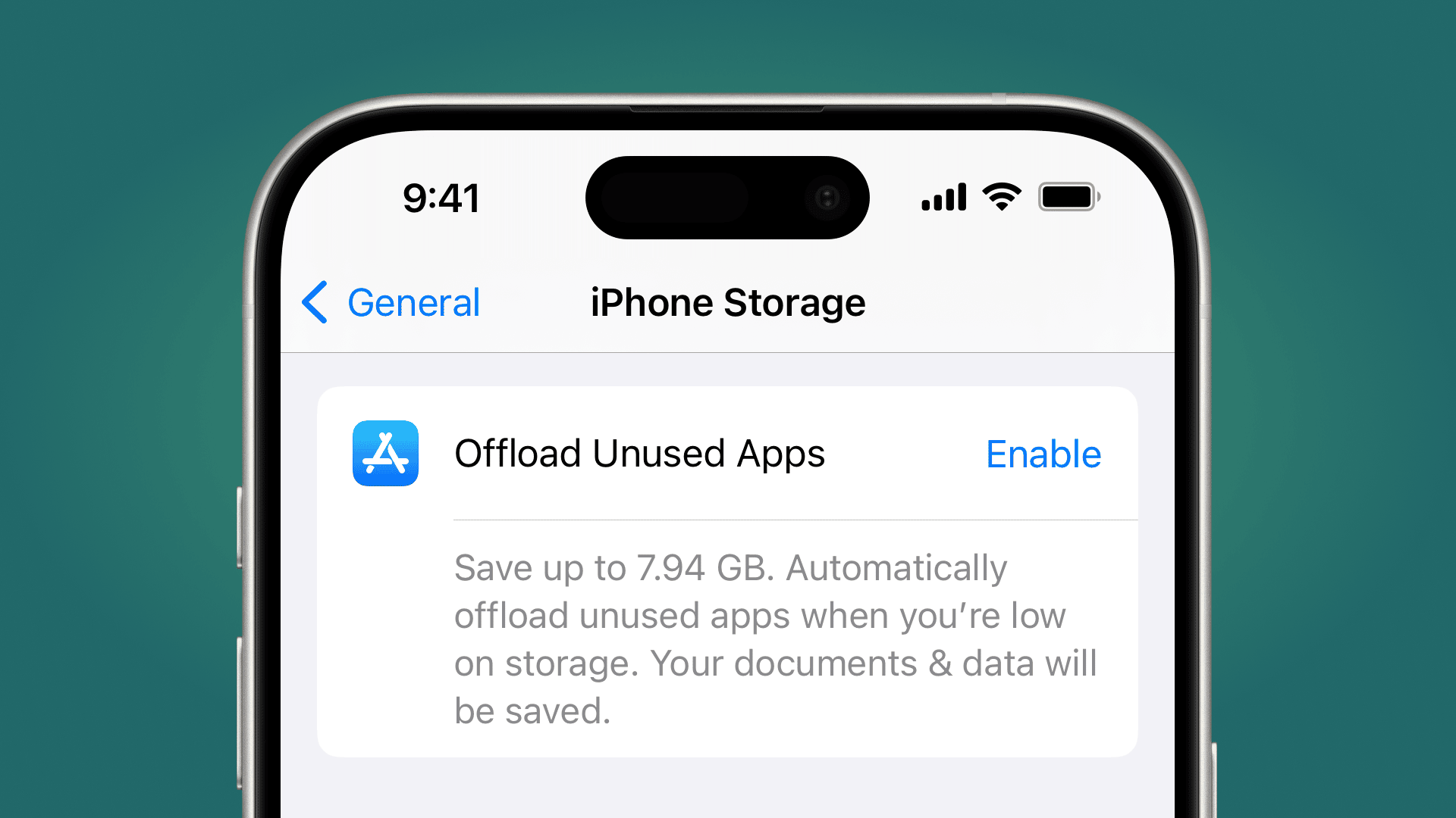 green gradient background with a screenshot of an iPhone's Offload Unused Apps in the center