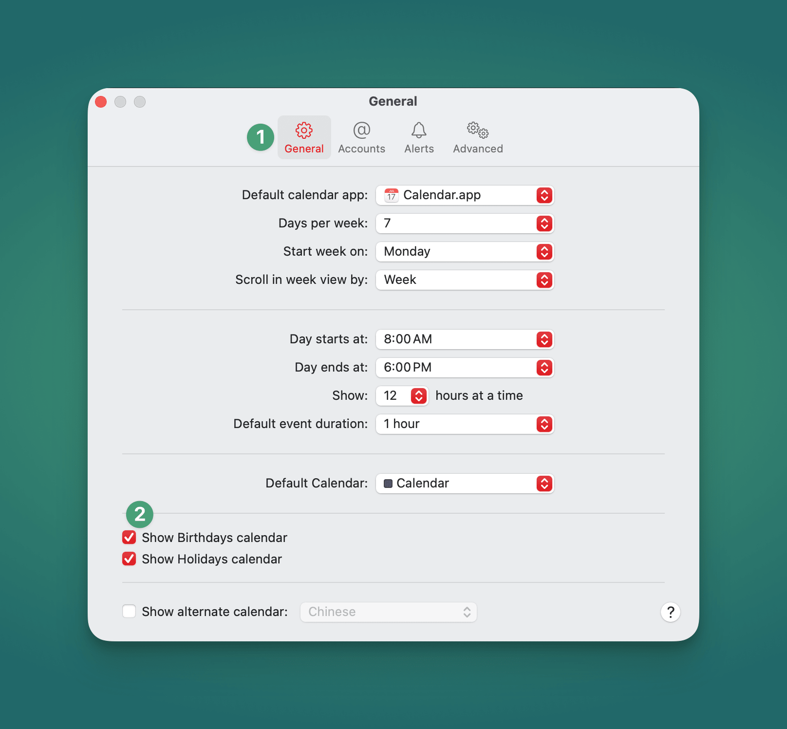 macOS Calendar screenshot showing the General Settings screen