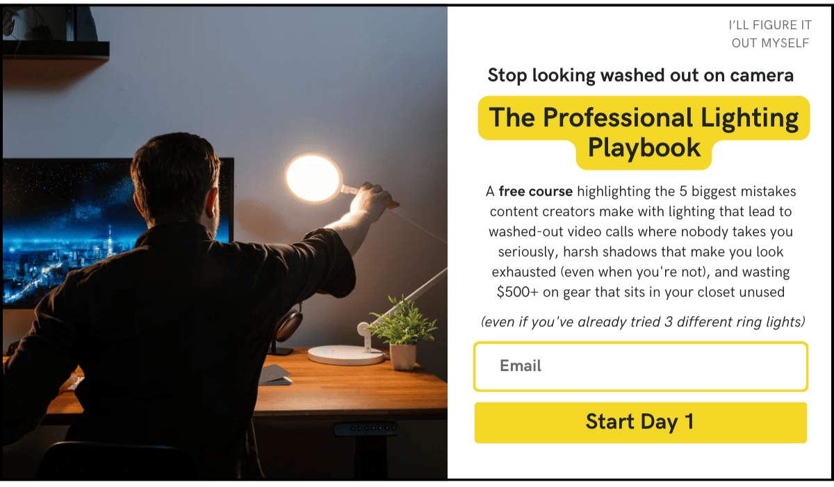 Education popup: Stop looking washed out on camera headline, Professional Lighting Playbook course offer, Start Day 1 CTA