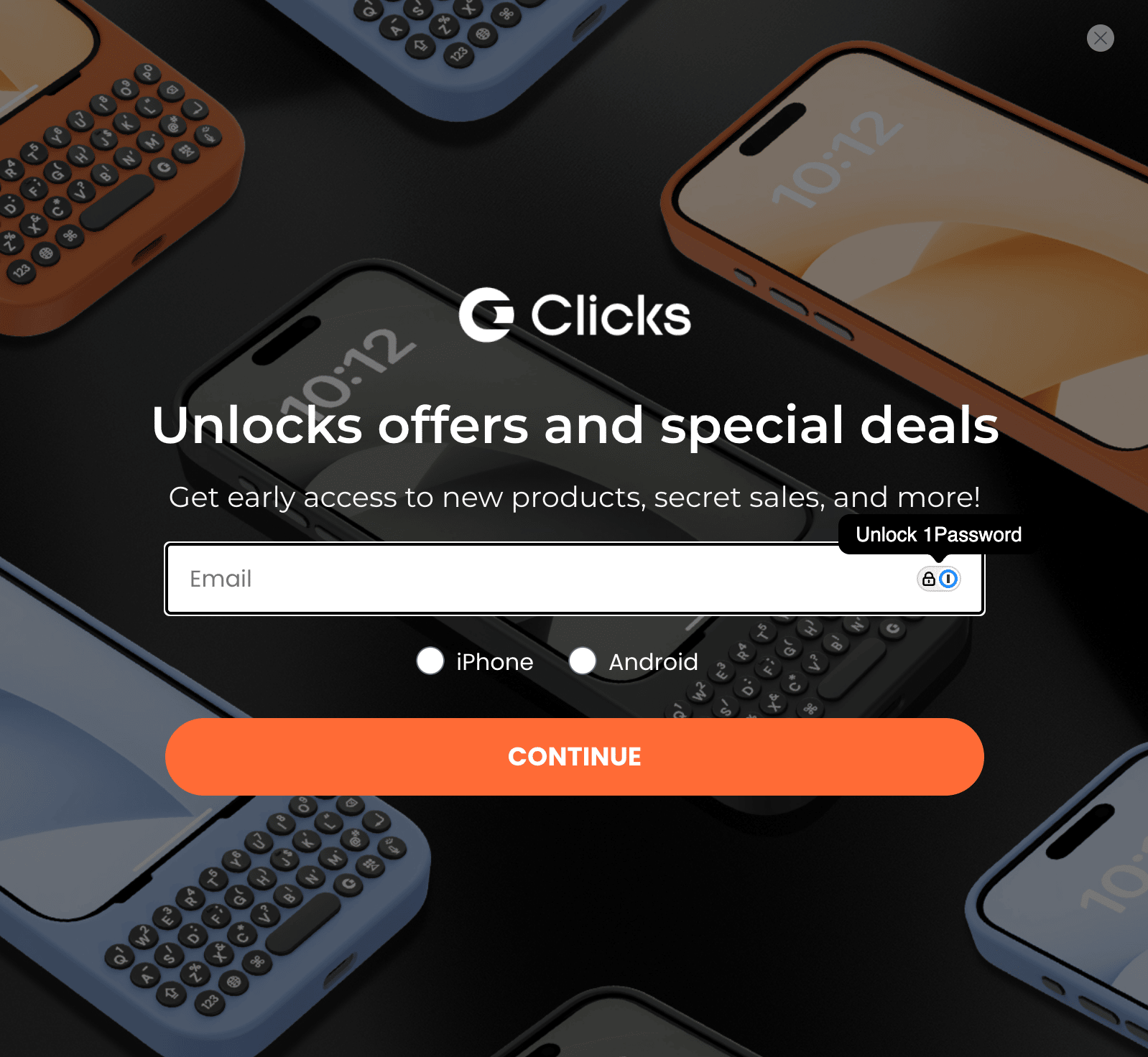 Clicks homepage popup: "Unlocks offers and special deals" headline, email field, iPhone/Android radio buttons, orange "CONTINUE" CTA, keyboard product photography background