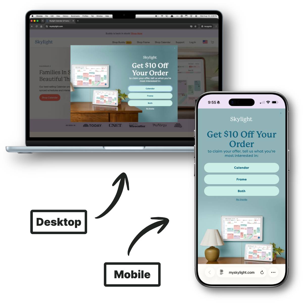 	Side-by-side comparison labeled Desktop and Mobile, showing Skylight's original "Get $10 Off Your Order" popup with the same quiz-style buttons on a laptop and an iPhone.