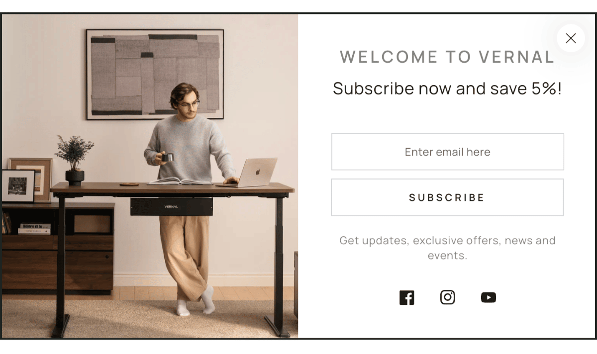 Original Vernal popup: "Subscribe now and save 5%" discount offer with email field, Subscribe button, and social media icons