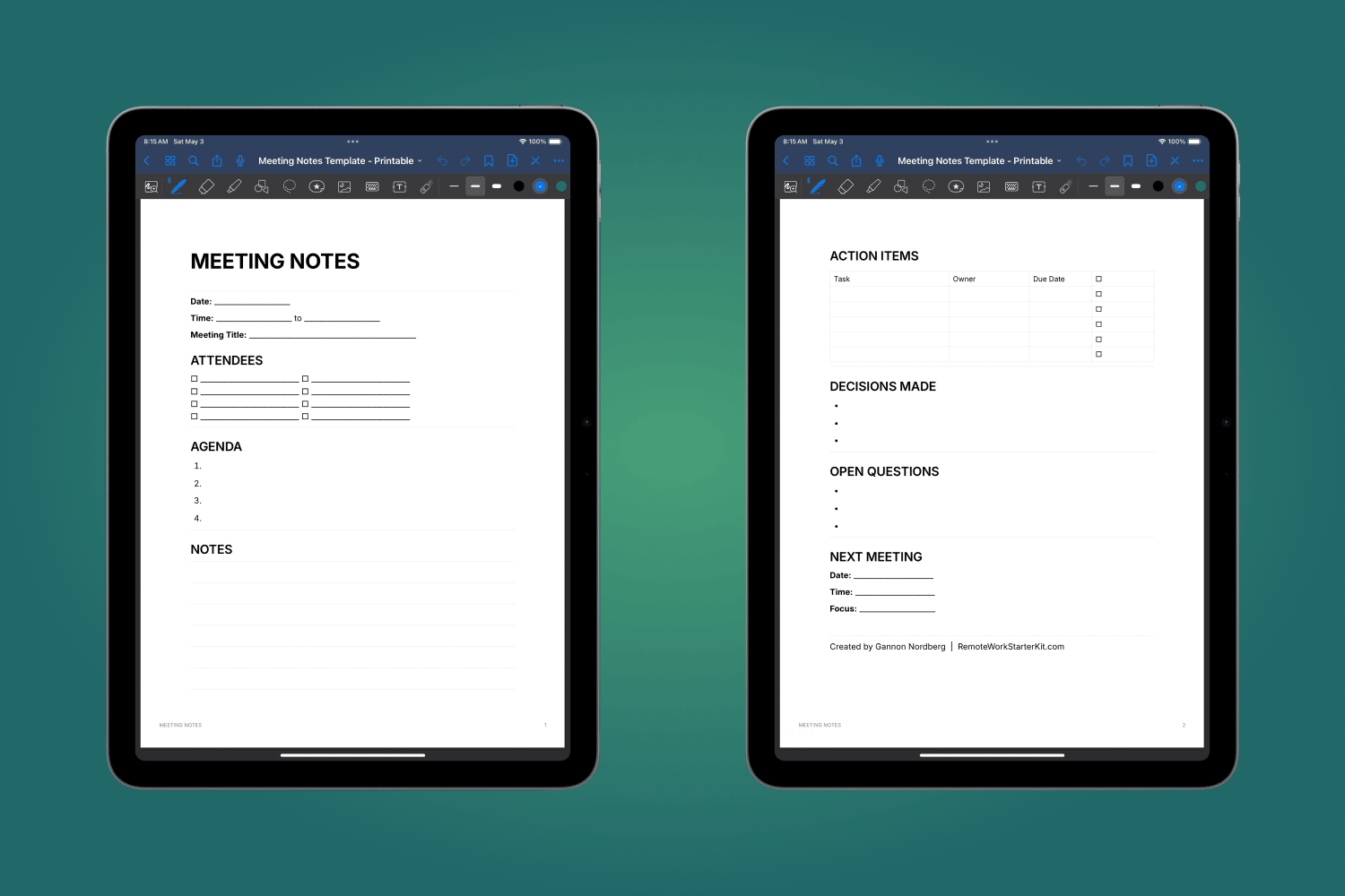 green gradient background with two iPads side-by-side with a meeting notes template on the screen