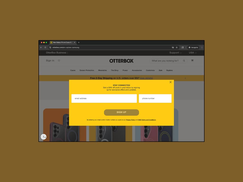 OtterBox desktop popup: "STAY CONNECTED," 20% off offer, side-by-side email and phone fields, SIGN UP button.