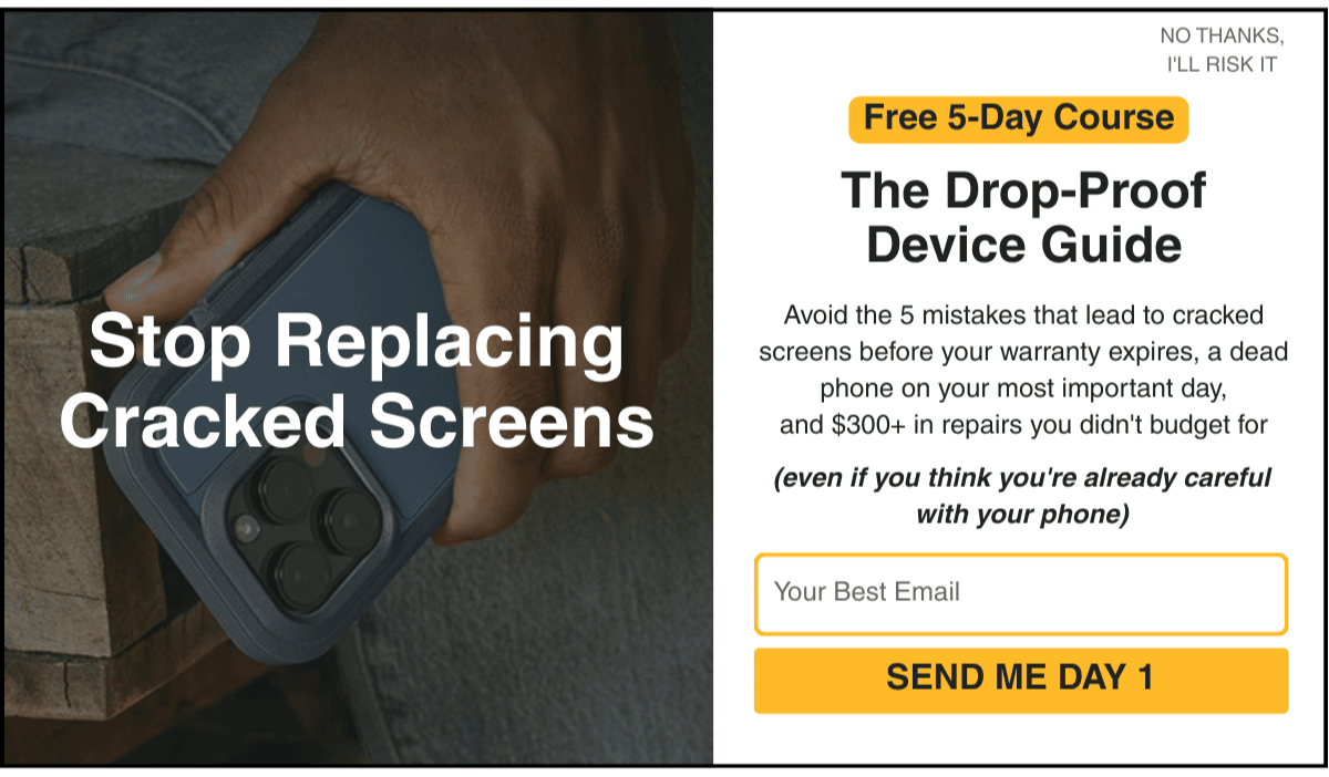 Fixed OtterBox popup: "Stop Replacing Cracked Screens" headline, Drop-Proof Device Guide free 5-day course offer, email field, SEND ME DAY 1 button.