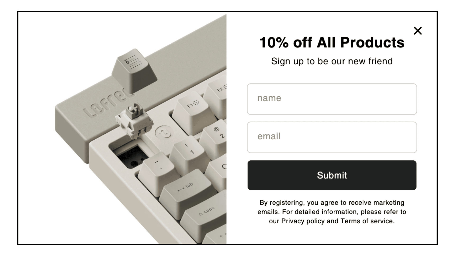 Original Lofree popup showing "10% off All Products" discount offer with name/email form and Submit button