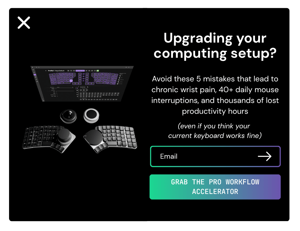 Redesigned Naya popup with modular keyboard image, headline "Upgrading your computing setup?" and Pro Workflow Accelerator CTA