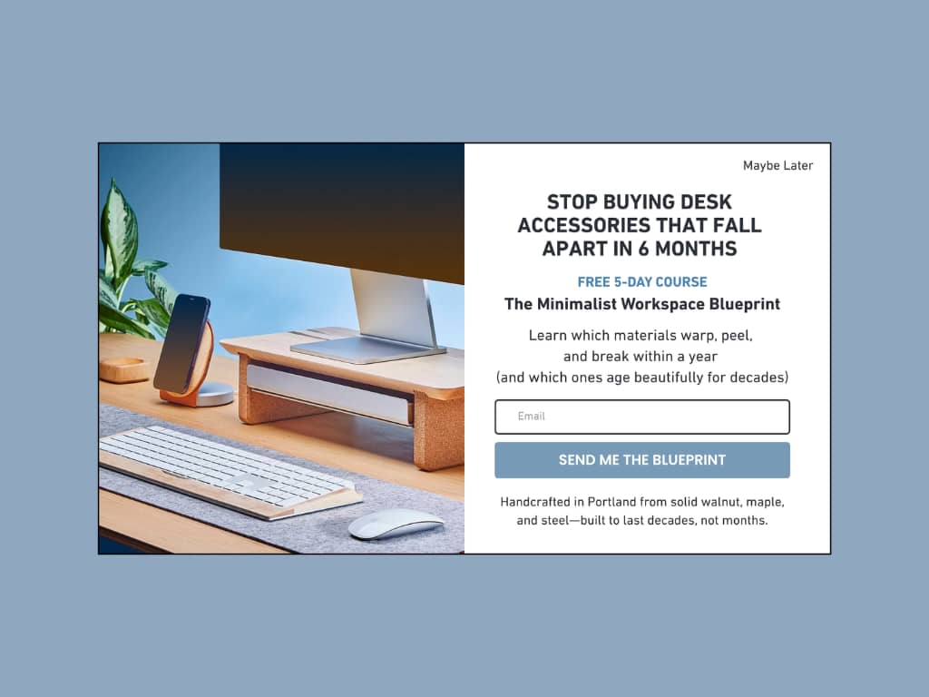 Fixed Grovemade popup with workspace photo, "Stop buying desk accessories that fall apart in 6 months" headline, and "Send me the blueprint" CTA
