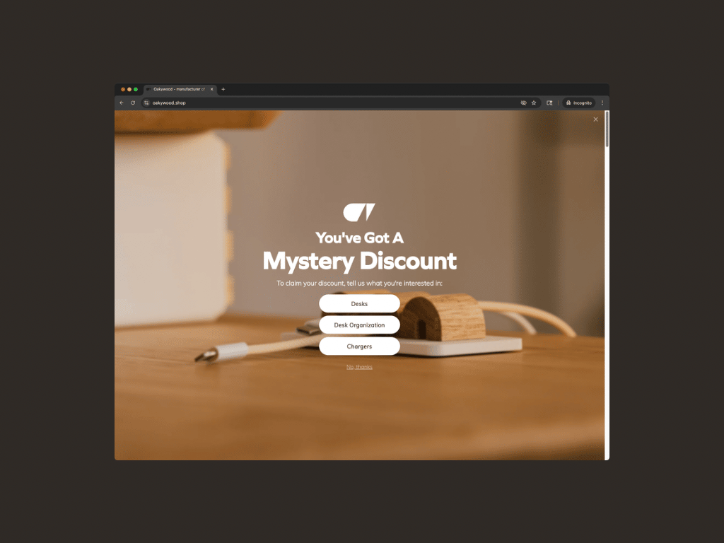 Oakywood popup: You've Got A Mystery Discount with category buttons Desks, Desk Organization, Chargers