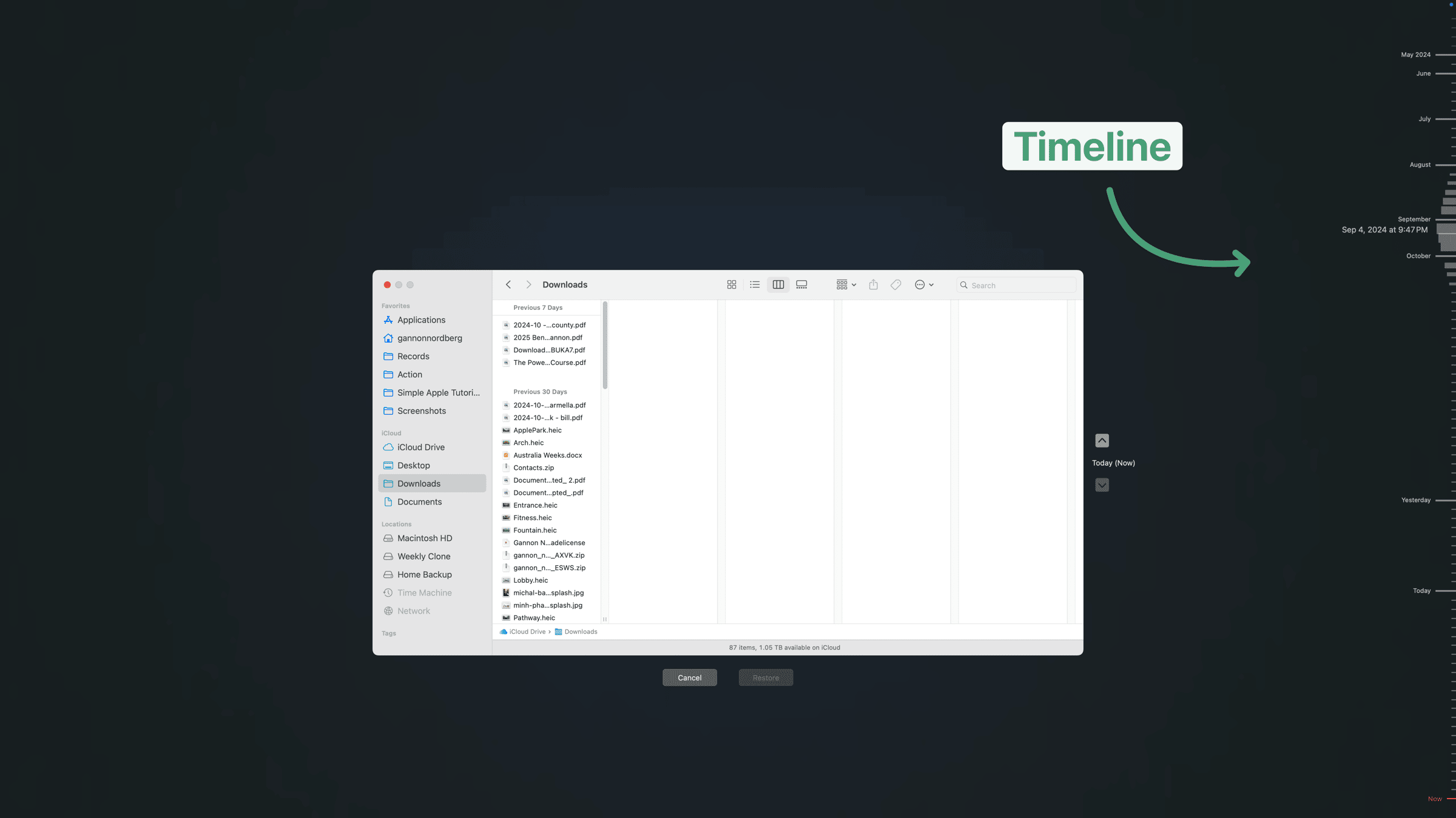 a black background with a Finder Mac window in the center in the Time Machine view