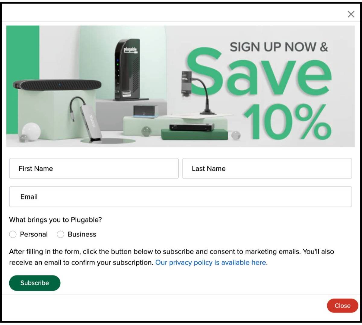 Plugable desktop popup on dark green background: "SIGN UP NOW & Save 10%" banner with product photo, 3-field form, "Subscribe" button, red "Close" button.