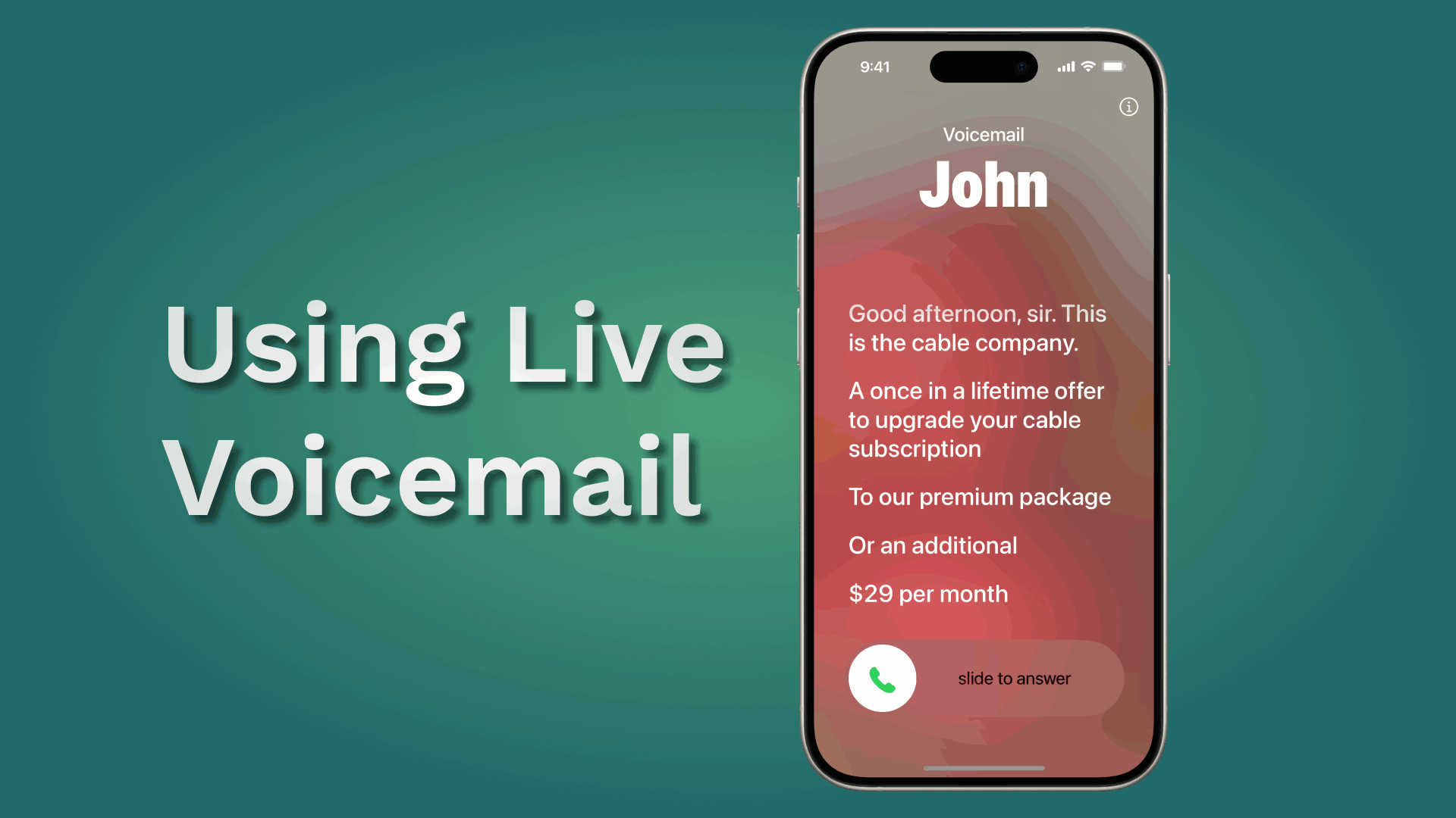looping animation showing an incoming phone call and the live transcription in a voicemail