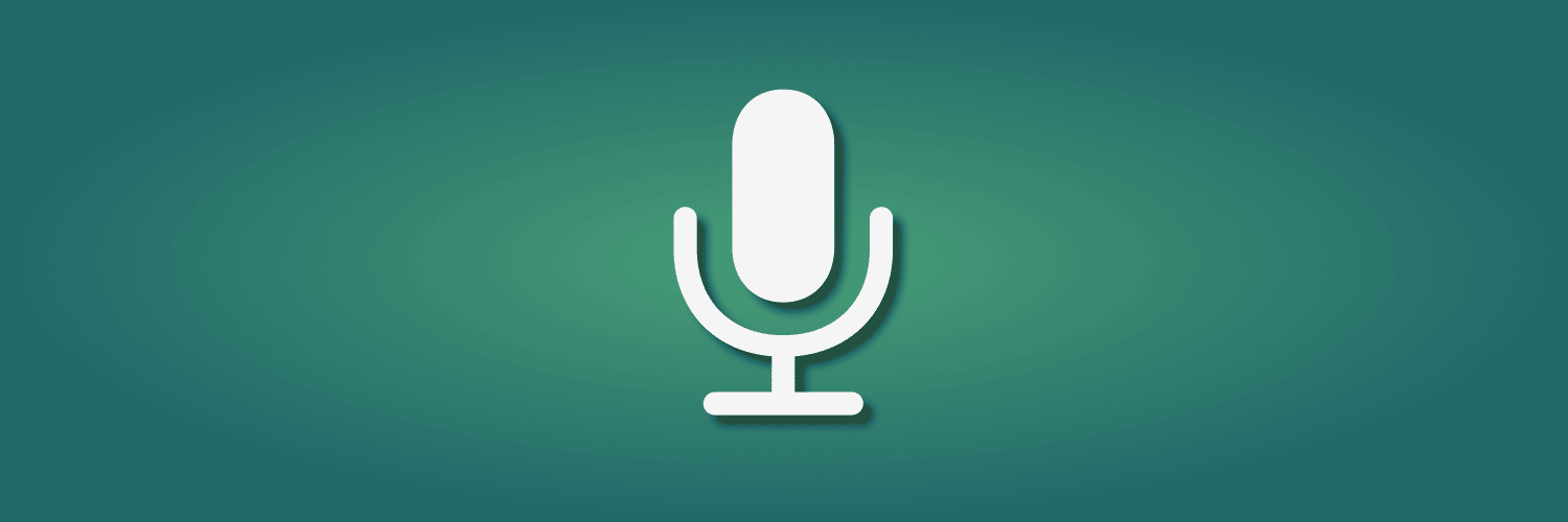 green gradient background with a white microphone icon in the center