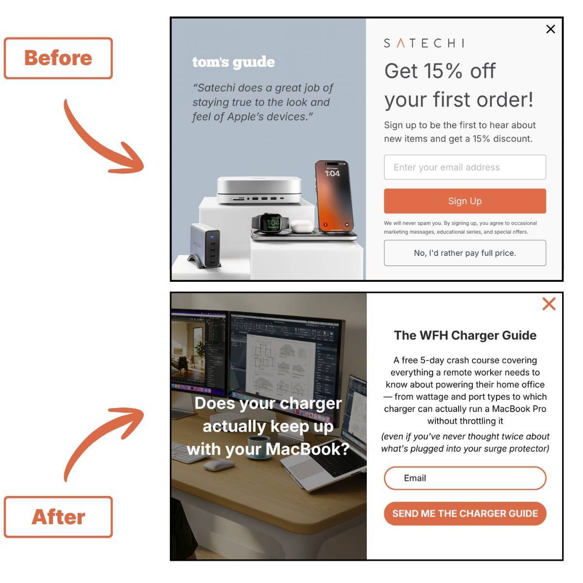 Before and after comparison: Satechi's discount popup replaced with the educational WFH Charger Guide popup