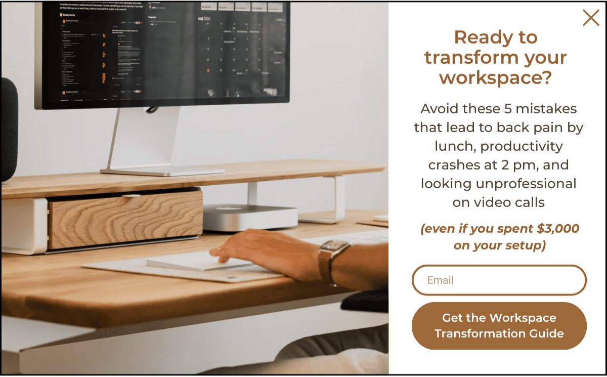 Redesigned popup: Ready to transform your workspace? with email capture and guide offer