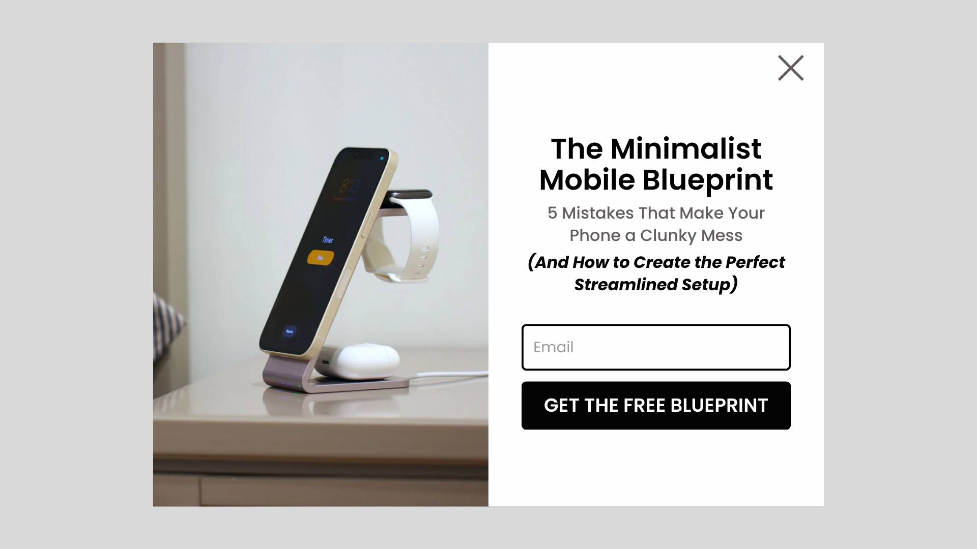 Popup promoting free “Minimalist Mobile Blueprint” guide with email signup field.