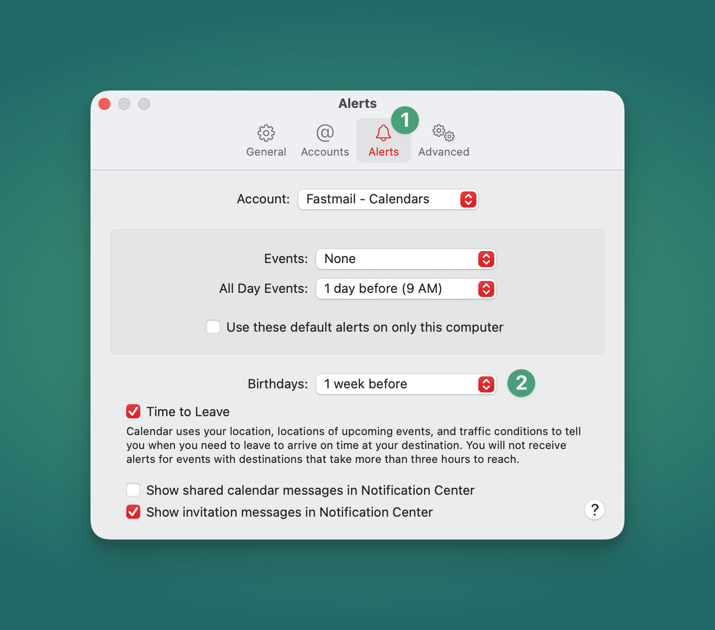 macOS Calendar app showing the Alerts Settings screen