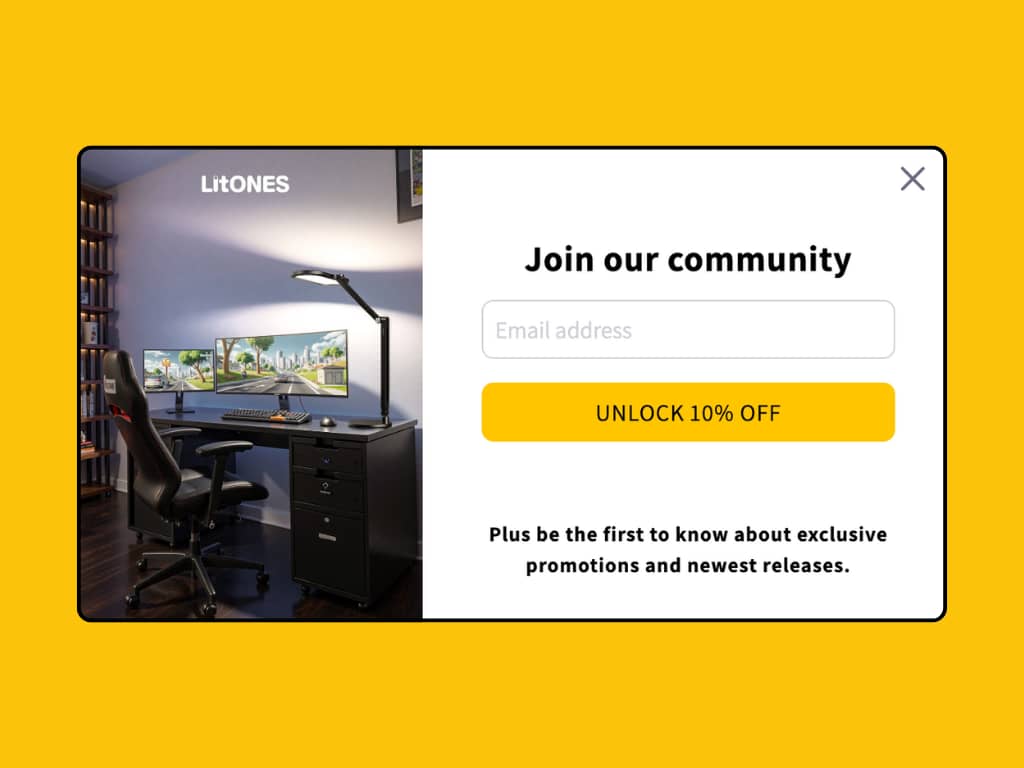 Original LitONES desktop popup with "Join our community" headline, email field, and "UNLOCK 10% OFF" button in yellow