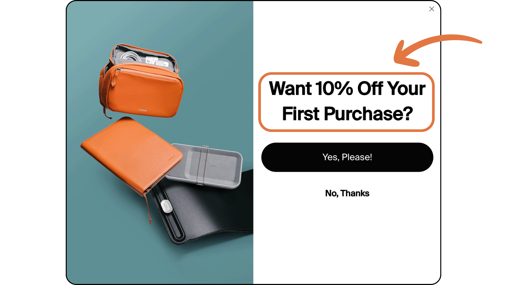 split rounded rectangle with a leather pouch, notebook, and tray and an opt-in form with a headline circled in orange