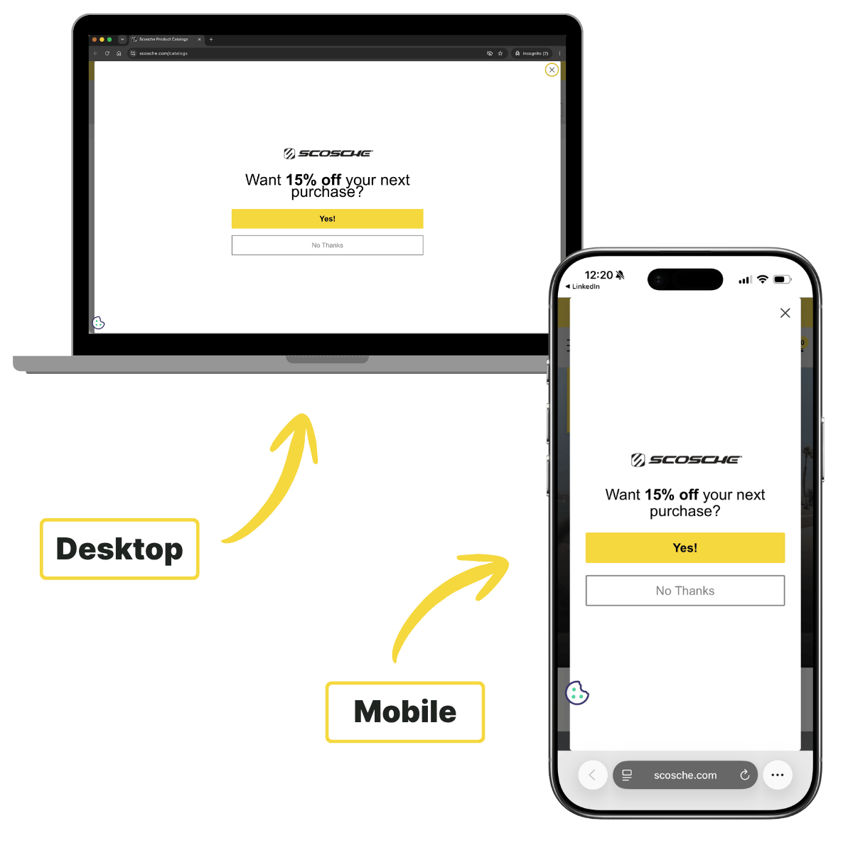 Scosche's 15% off popup shown on a labeled desktop and mobile screen side by side, filling both screens edge to edge.