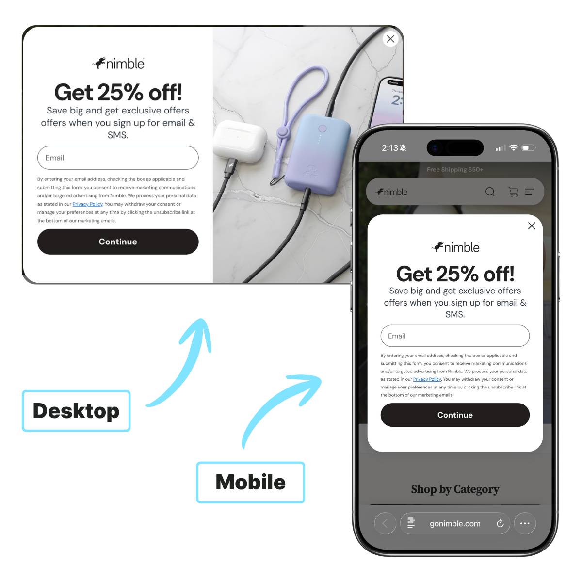 Nimble's original popup shown on desktop and mobile side by side, each labeled accordingly, with headline "Get 25% off!"