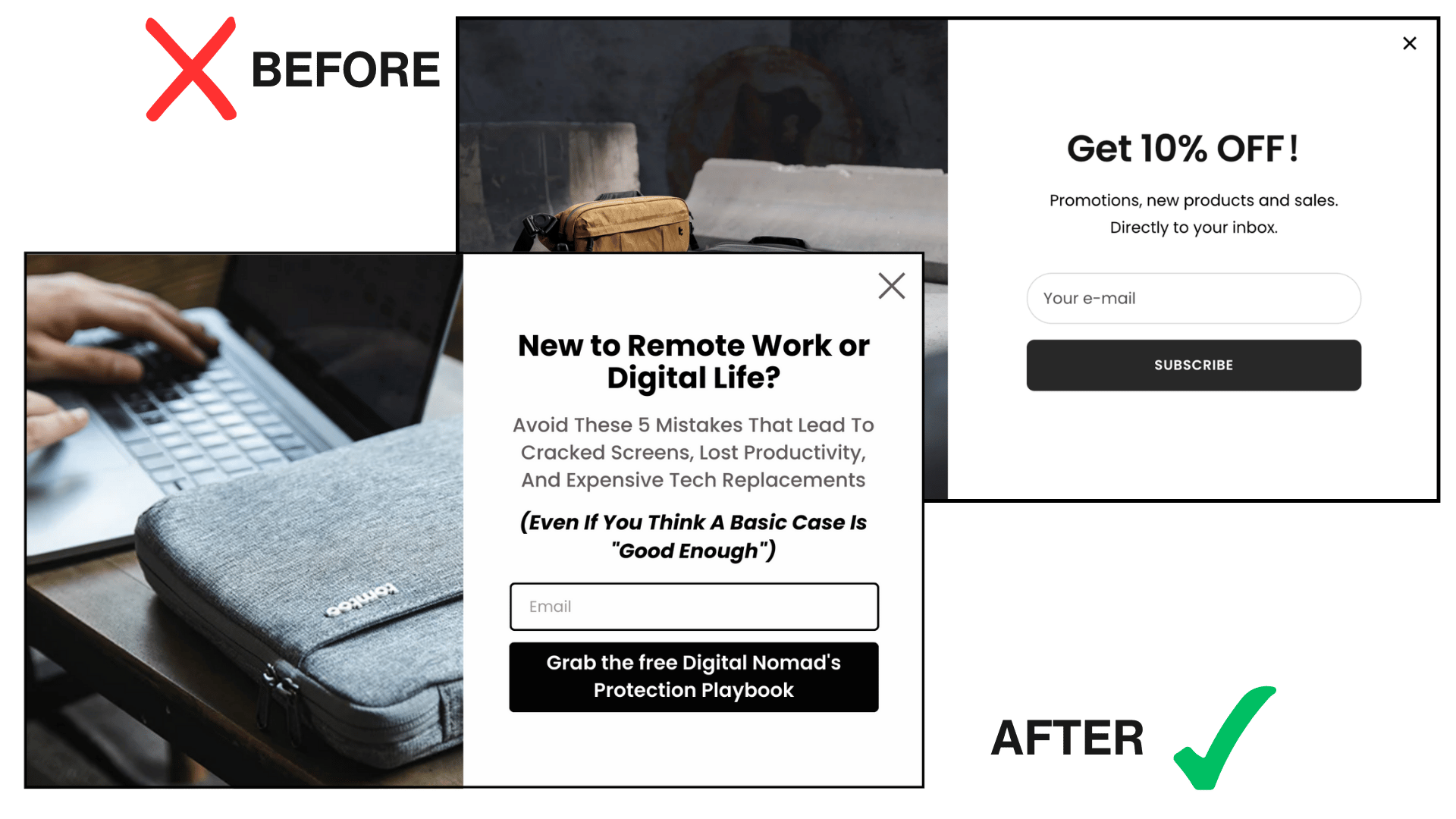 Before/after popup comparison: discount-focused "Get 10% OFF!" versus benefit-focused "New to Remote Work or Digital Life?"