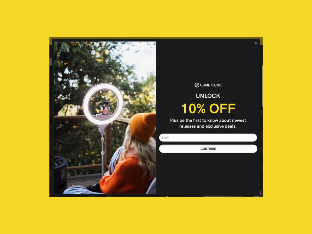 Lume Cube popup with 10% off discount offer on yellow background