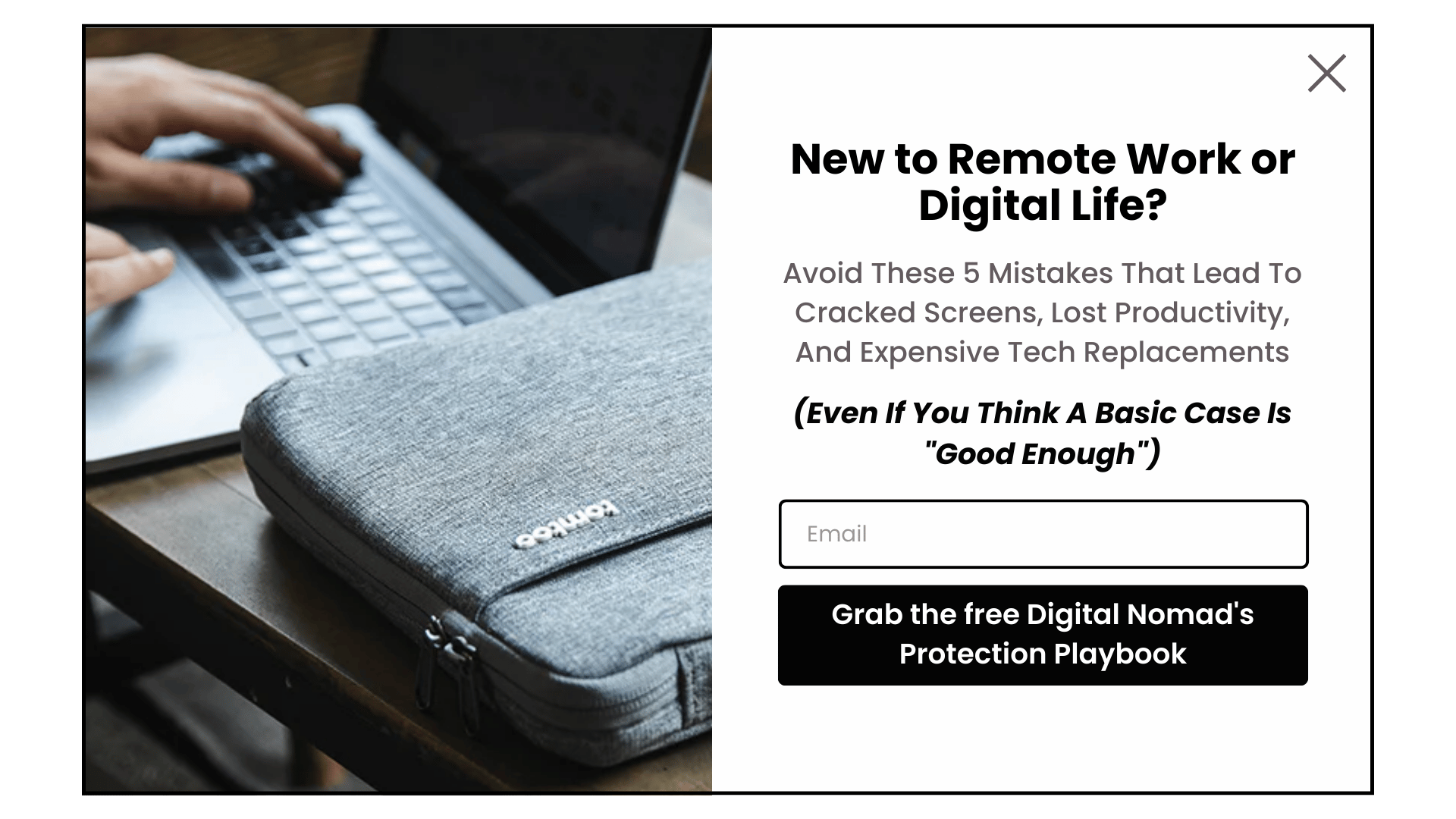 Improved popup mockup: "New to Remote Work or Digital Life?" headline with educational lead magnet CTA