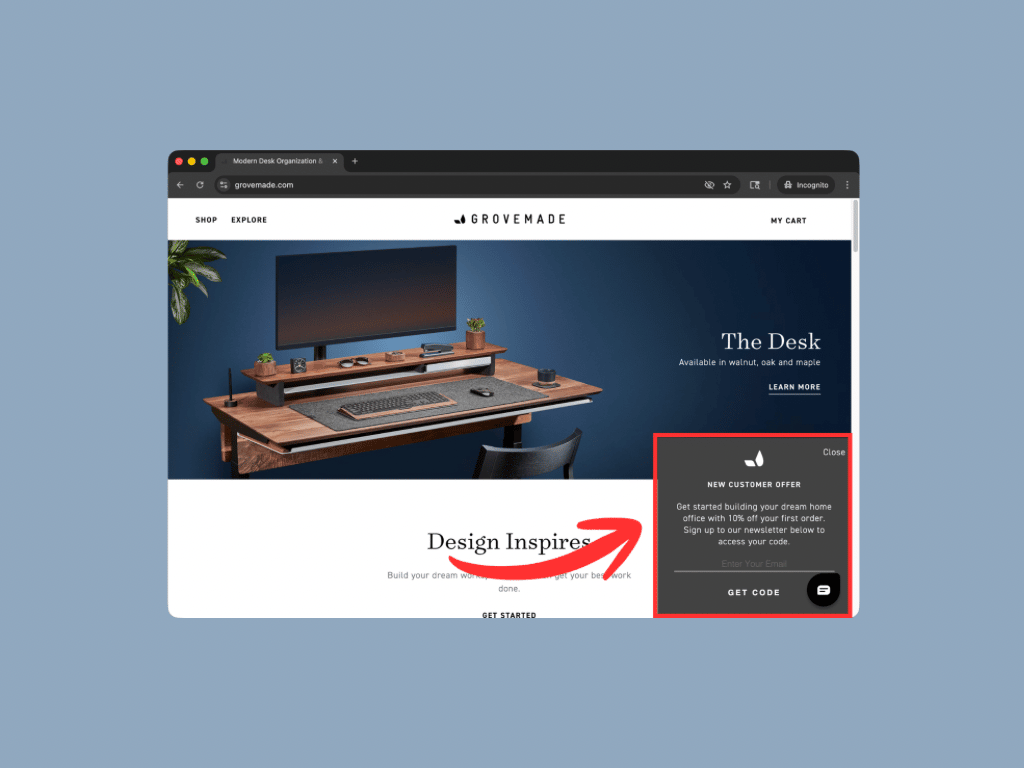 Grovemade website popup with workspace photo, "Stop buying desk accessories that fall apart in 6 months" headline, and "Get CODE" CTA