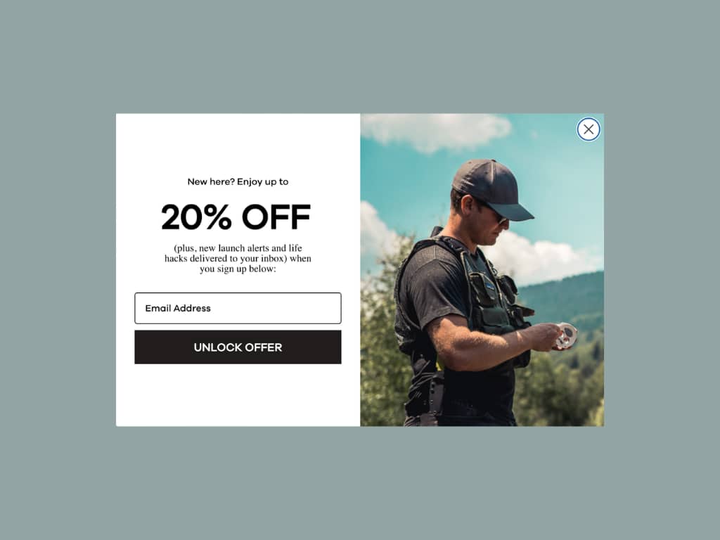 Distil's original desktop popup offering 20% off, shown against a solid sage-green background.