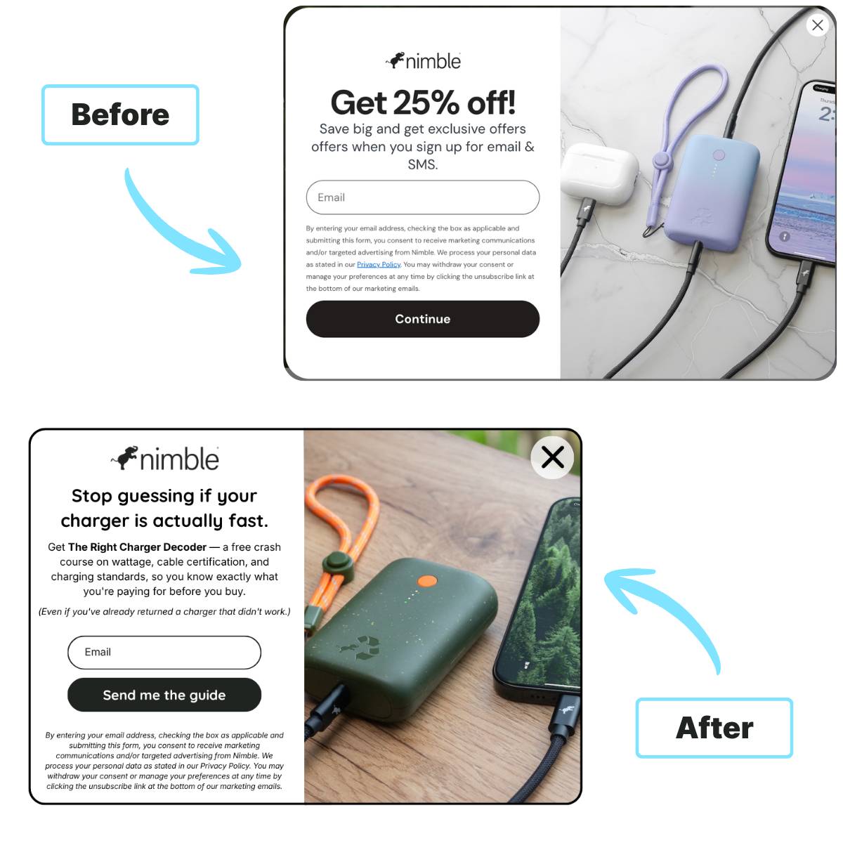 Before-and-after comparison: Nimble's original "Get 25% off!" popup above, and the redesigned "Stop guessing if your charger is actually fast" popup below.