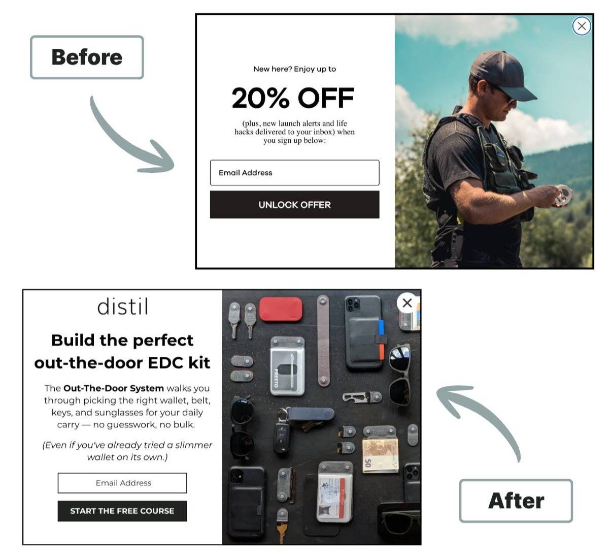 Before-and-after comparison: Distil's original popup offering 20% off on the left, and the fixed popup offering a free out-the-door EDC kit course on the right.