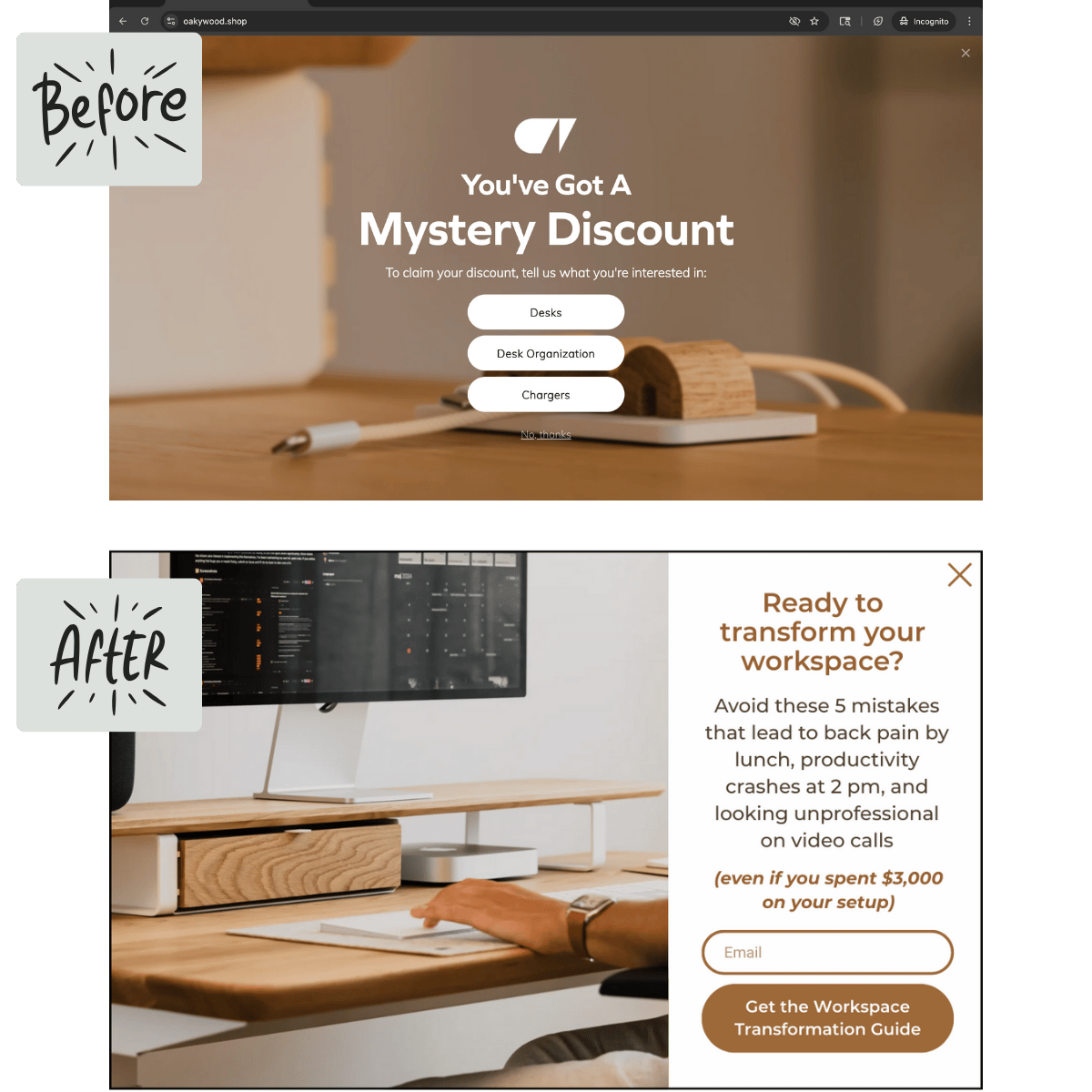 Before and after popup comparison: discount-focused vs transformation-focused messaging