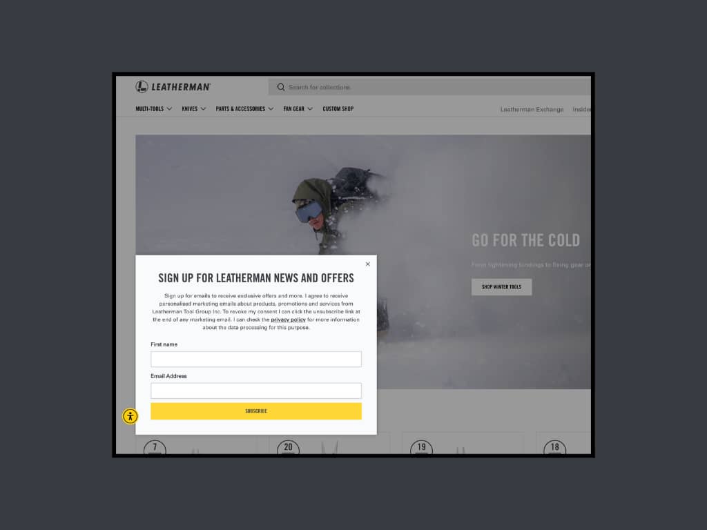 Leatherman website with Sign Up for News and Offers popup showing first name and email fields with Subscribe button