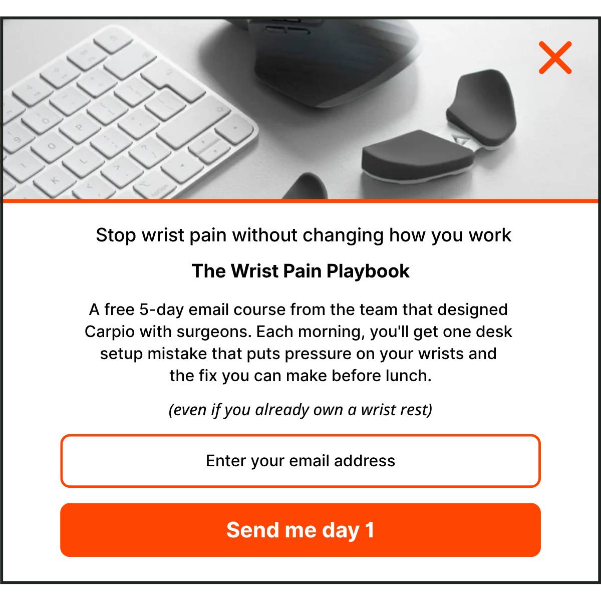 Redesigned DeltaHub popup with a photo of two dark gray Carpio wrist rests beside a white keyboard and mouse. The headline reads "Stop wrist pain without changing how you work," followed by "The Wrist Pain Playbook," a free 5-day email course offer, an email field, and an orange "Send me day 1" button.