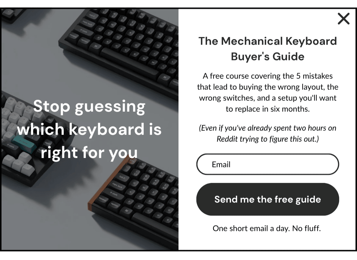 Redesigned Keychron popup with headline 'Stop guessing which keyboard is right for you' and free 5-day email course offer