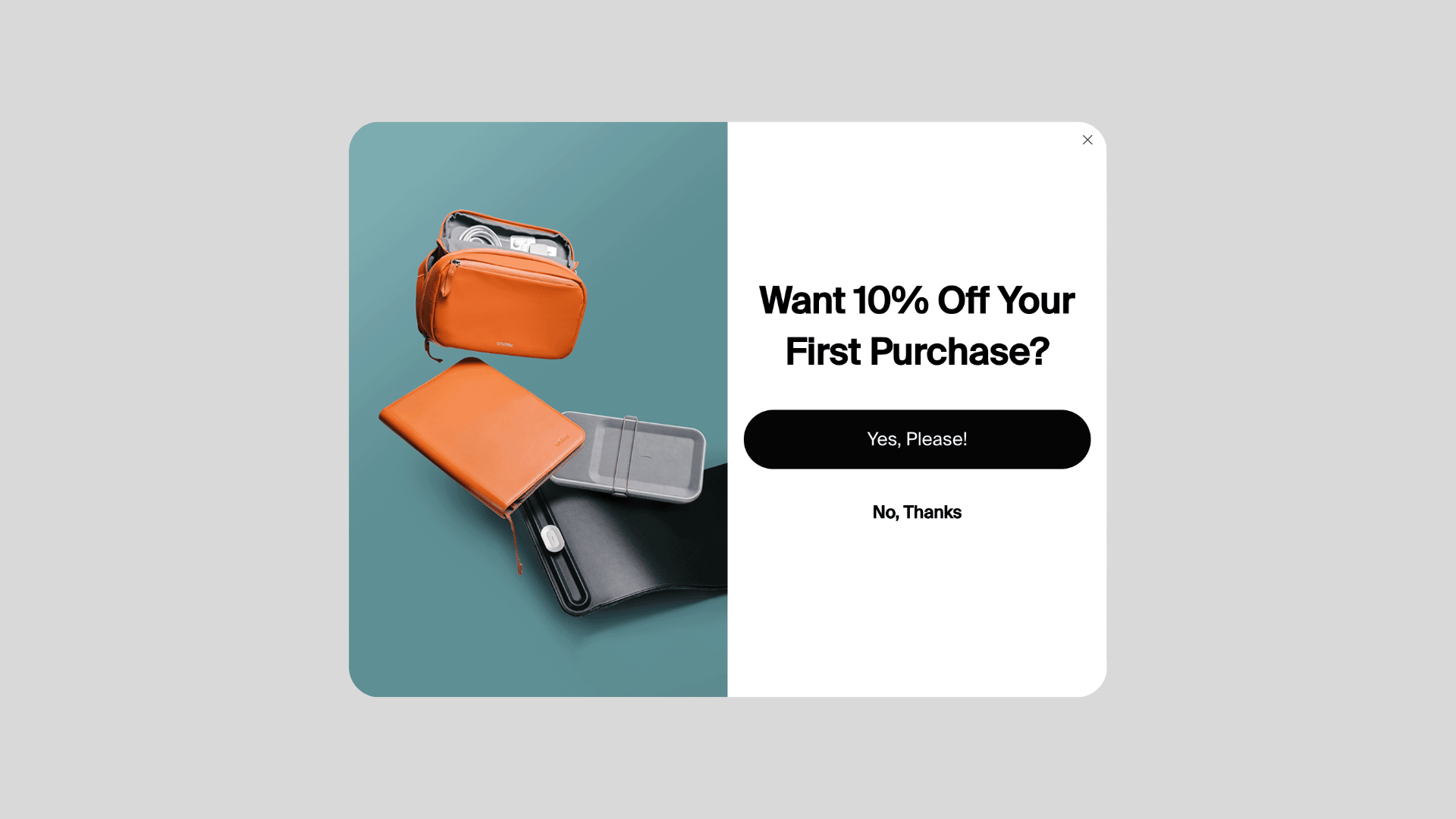 split image with leather notebook and zipper bag with white background and black text on the right half
