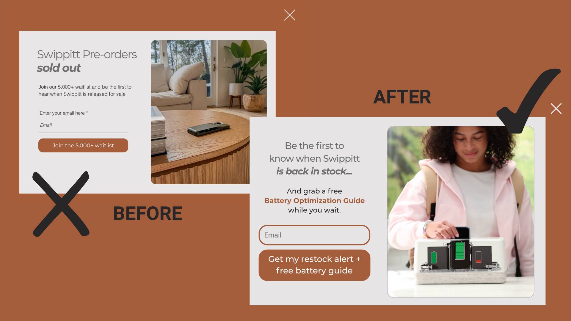 Before and after popup comparison: original sold out waitlist vs improved restock alert with Battery Optimization Guide