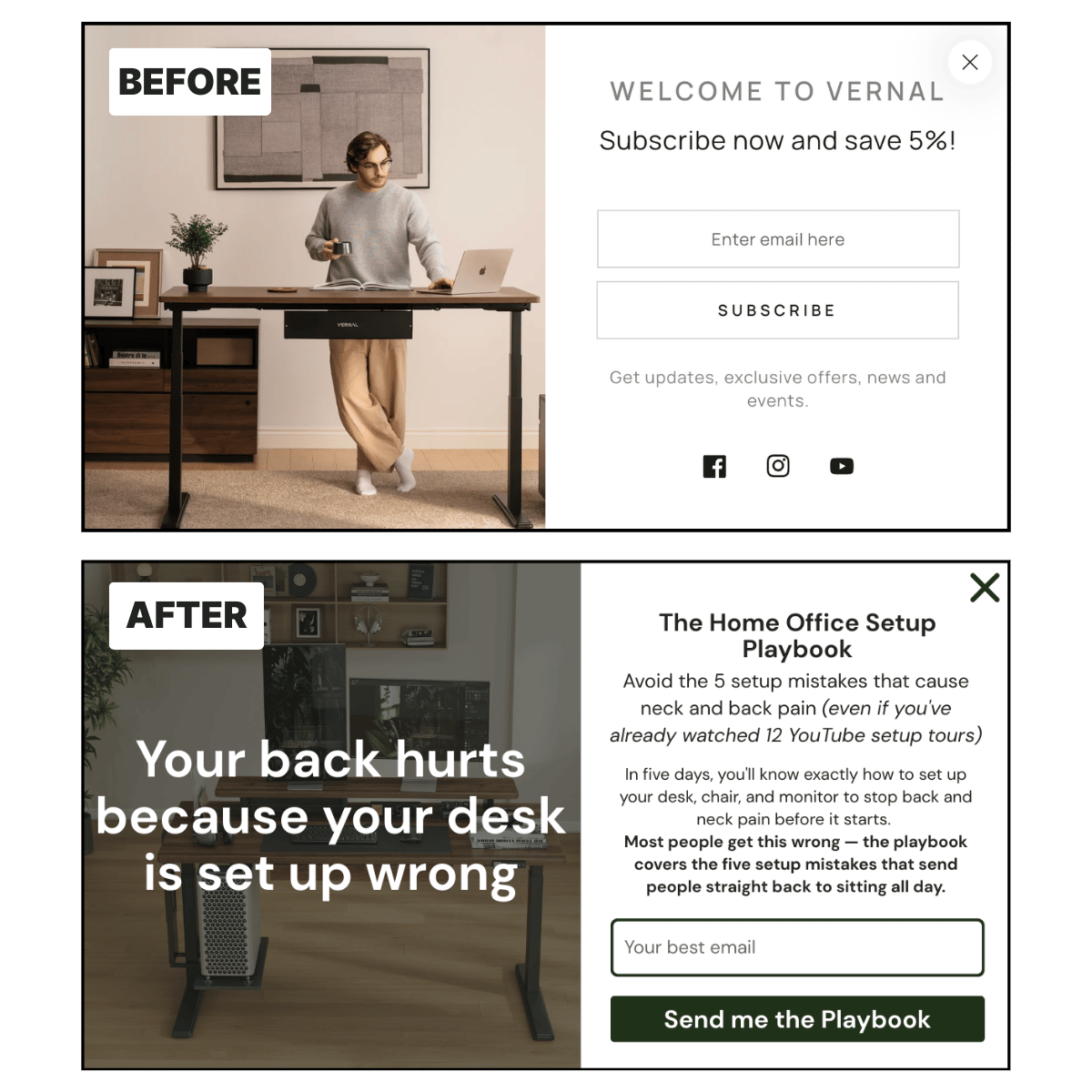 Side-by-side popup comparison: Vernal's original "Subscribe now and save 5%" popup vs. redesigned "Home Office Setup Playbook" lead magnet popup
