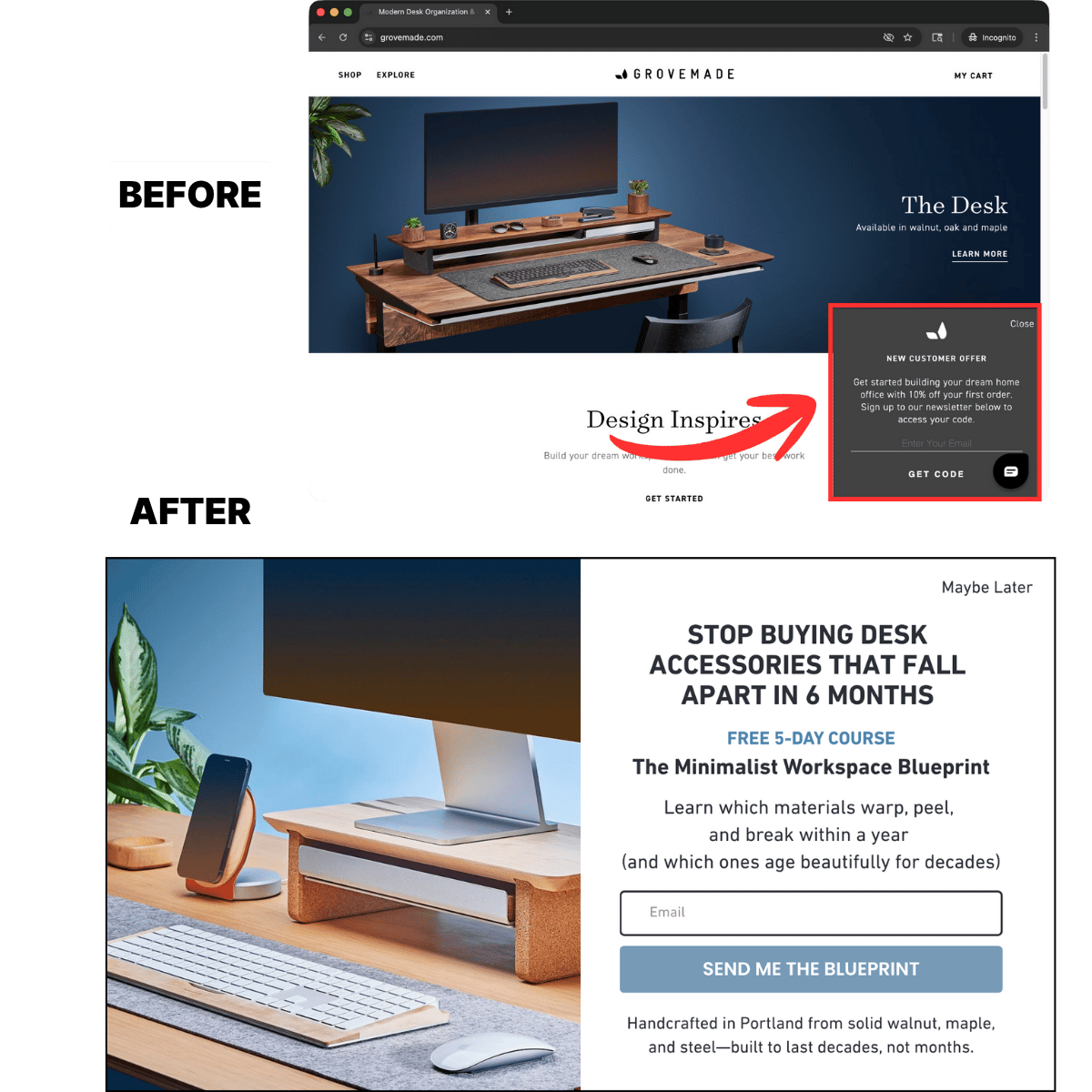 Before and after comparison: original Grovemade popup with 10% off and GET CODE versus fixed version with 5-day course offer and SEND ME THE BLUEPRINT