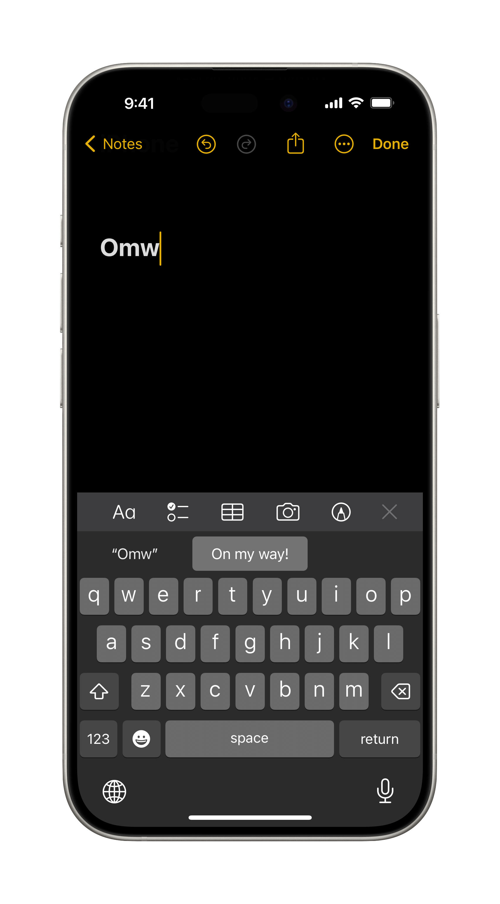 an iPhone showing the onscreen keyboard and the text replacement for "on my way"