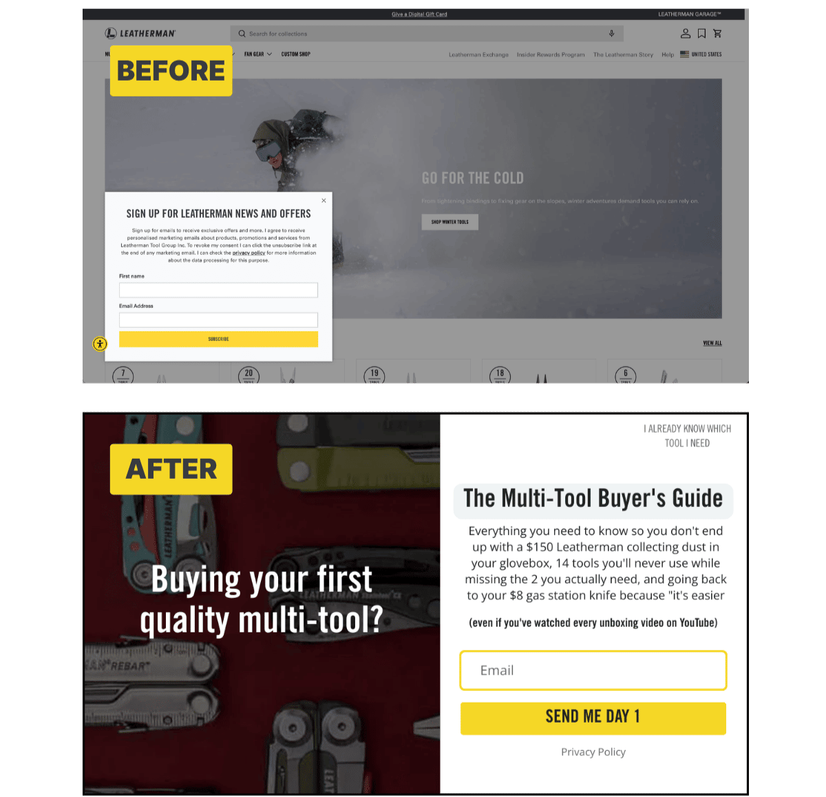 Before popup shows generic news and offers signup with first name field. After popup shows Multi-Tool Buyer's Guide with outcome-focused copy and email-only field.
