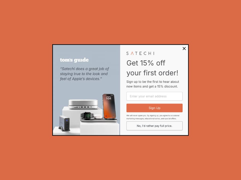 Satechi's original discount popup on an orange background, used as the newsletter issue thumbnail