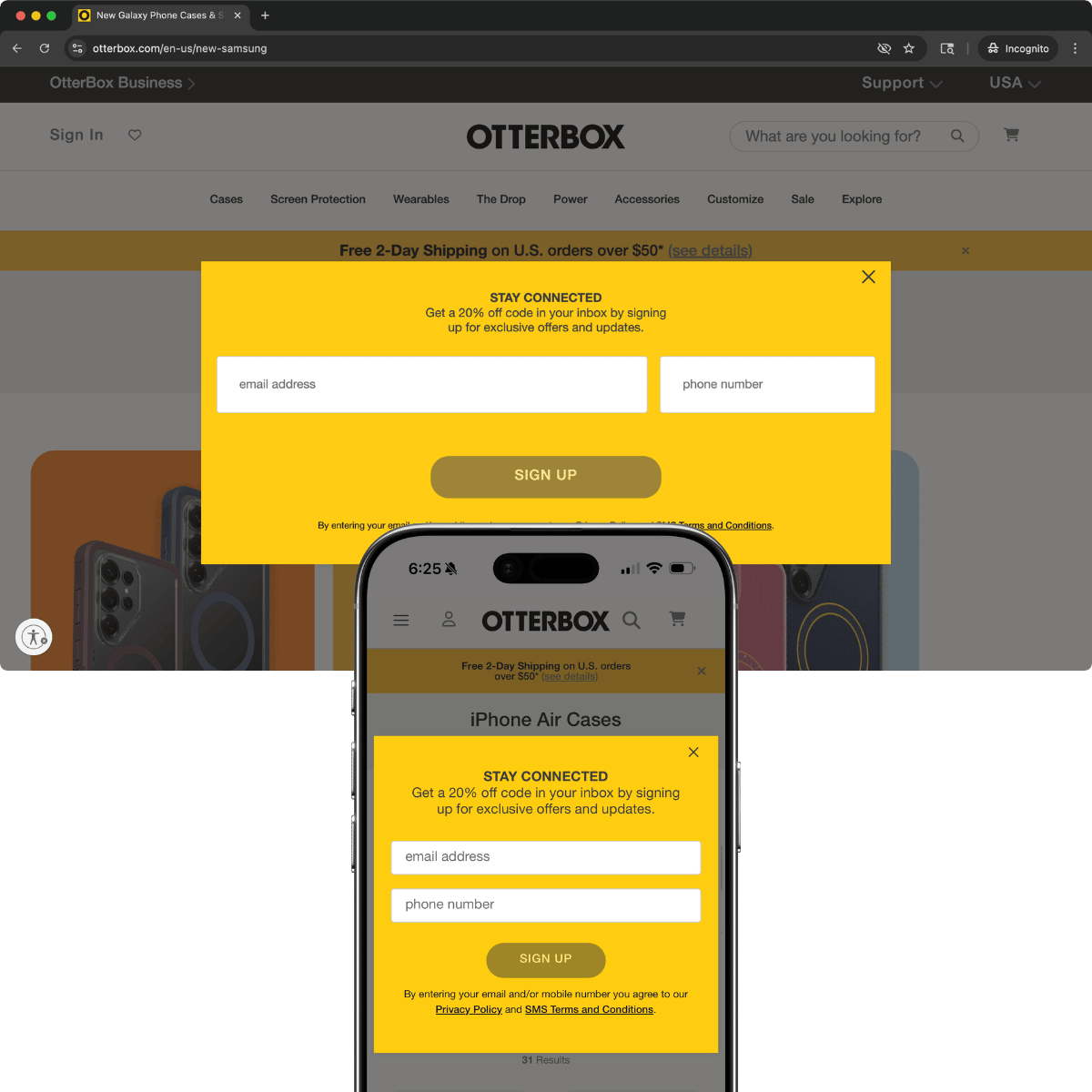 OtterBox "STAY CONNECTED" popup on desktop with side-by-side email and phone fields, and on mobile with stacked fields, both showing SIGN UP button.