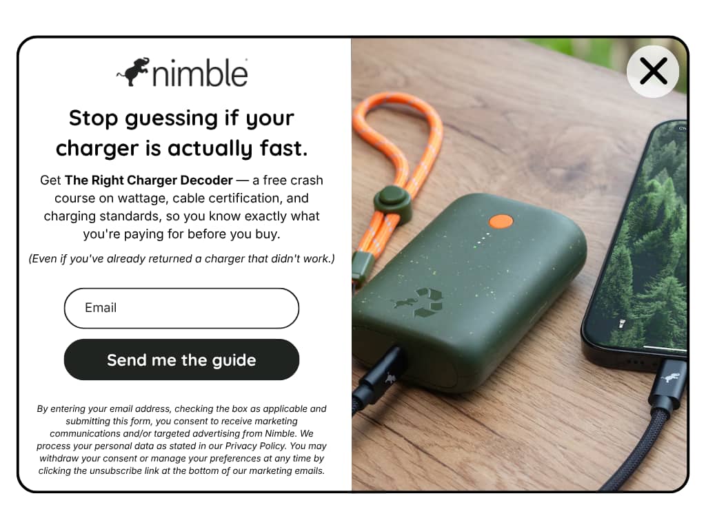 Fixed Nimble popup with headline "Stop guessing if your charger is actually fast," an offer for The Right Charger Decoder course, and a "Send me the guide" button beside a photo of a green portable charger and phone.